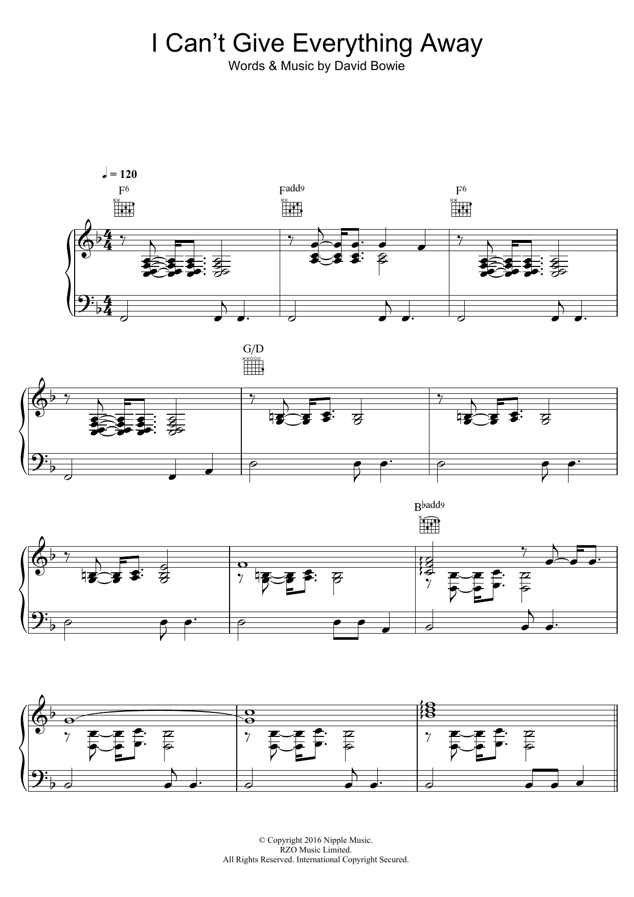 David Bowie I Can't Give Everything Away sheet music notes and chords arranged for Piano, Vocal & Guitar Chords