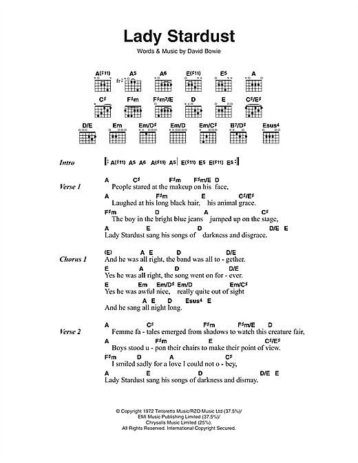 David Bowie Lady Stardust sheet music notes and chords arranged for Guitar Chords/Lyrics