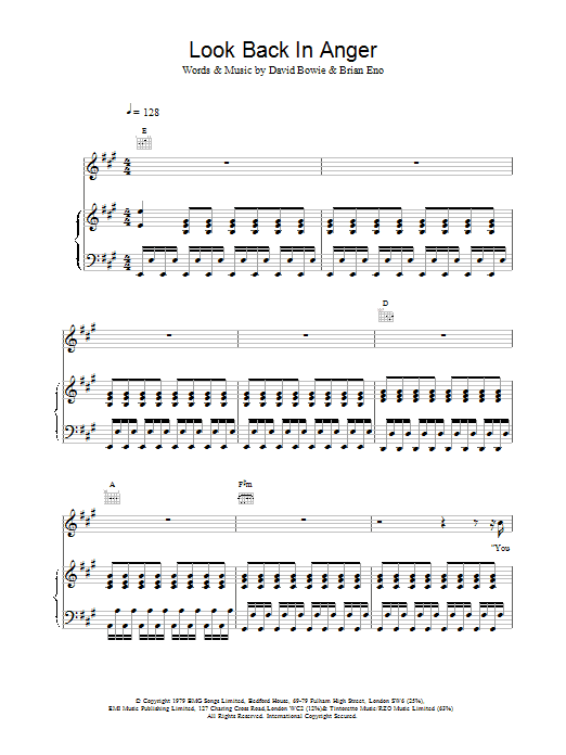 David Bowie Look Back In Anger sheet music notes and chords. Download Printable PDF.
