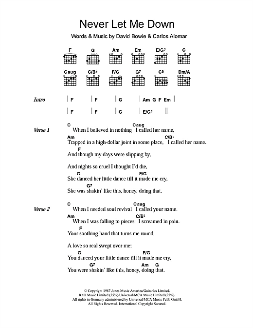 David Bowie Never Let Me Down sheet music notes and chords arranged for Guitar Chords/Lyrics