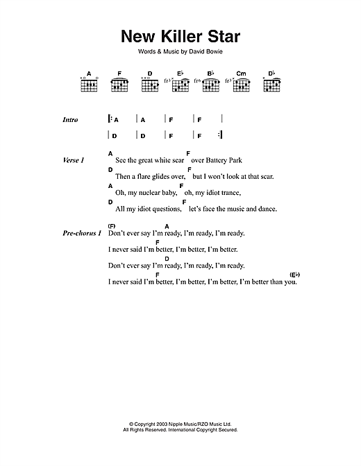David Bowie New Killer Star sheet music notes and chords arranged for Guitar Chords/Lyrics