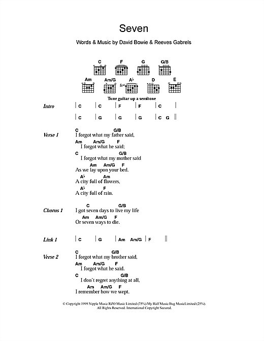 David Bowie Seven sheet music notes and chords arranged for Guitar Chords/Lyrics