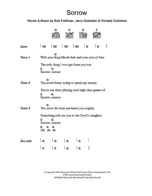 David Bowie Sorrow sheet music notes and chords arranged for Piano, Vocal & Guitar Chords