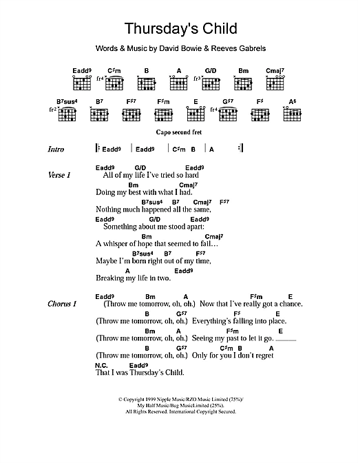 David Bowie Thursday's Child sheet music notes and chords arranged for Guitar Chords/Lyrics