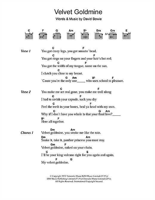 David Bowie Velvet Goldmine sheet music notes and chords arranged for Piano, Vocal & Guitar Chords