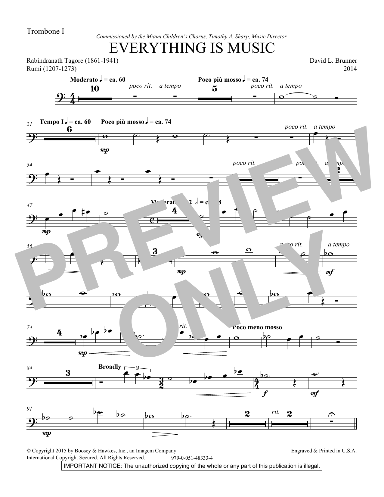 David Brunner Everything Is Music - Trombone 1 & 2 sheet music notes and chords arranged for Choir Instrumental Pak
