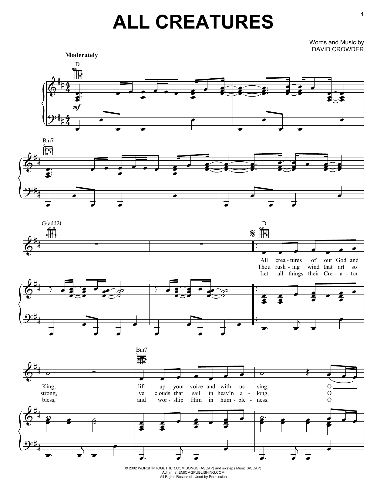 David Crowder*Band All Creatures Of Our God And King sheet music notes and chords arranged for Easy Guitar Tab