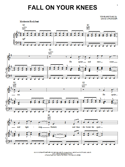 David Crowder Band Fall On Your Knees sheet music notes and chords arranged for Piano, Vocal & Guitar Chords (Right-Hand Melody)