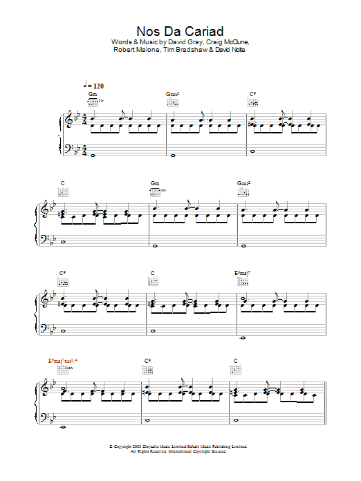 David Gray Nos Da Cariad sheet music notes and chords. Download Printable PDF.
