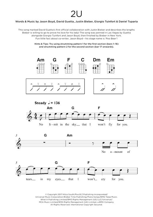 David Guetta 2U sheet music notes and chords arranged for Beginner Ukulele