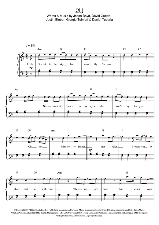 David Guetta 2U (feat. Justin Bieber) sheet music notes and chords arranged for Easy Piano