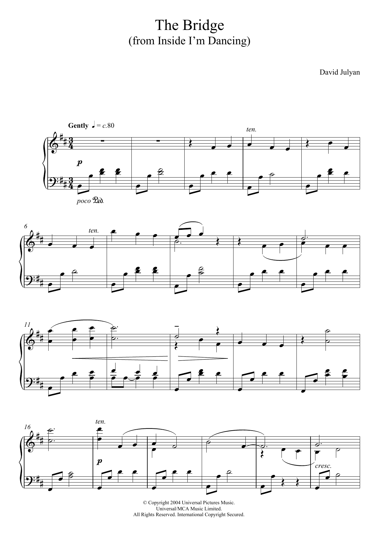 David Julyan The Bridge (from Inside I'm Dancing) sheet music notes and chords arranged for Piano Solo
