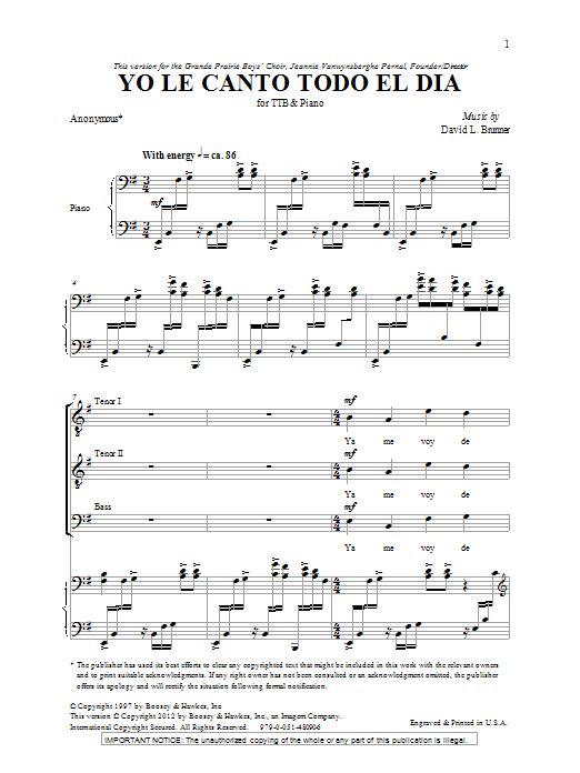David L. Brunner Yo Le Canto Todo El Dia sheet music notes and chords arranged for TTBB Choir