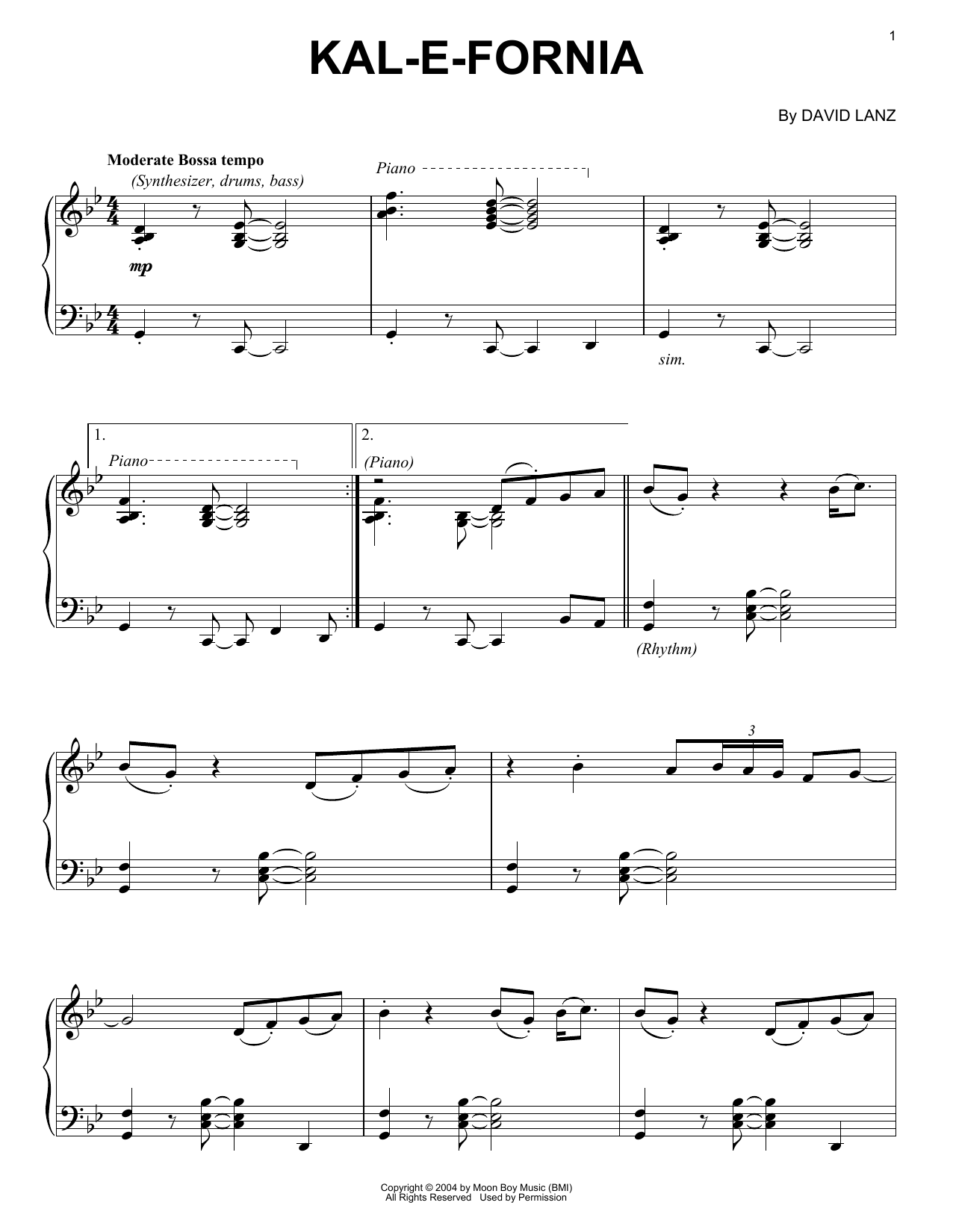 David Lanz Kal-e-fornia sheet music notes and chords arranged for Piano Solo
