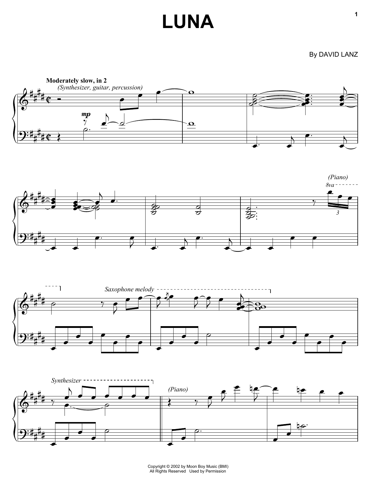 David Lanz Luna sheet music notes and chords arranged for Piano Solo