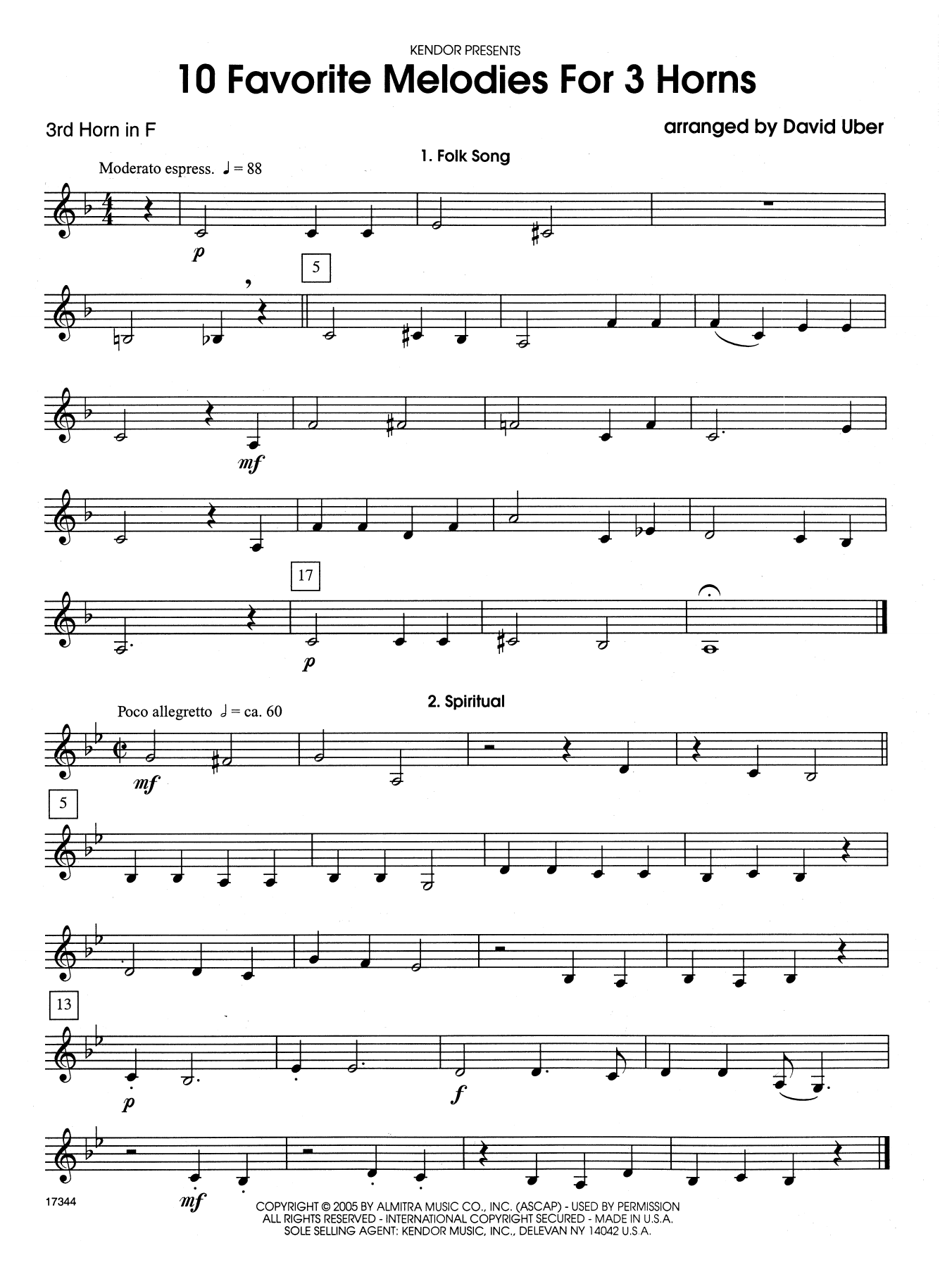 David Uber 10 Favorite Melodies For 3 Horns - 3rd Horn in F sheet music notes and chords. Download Printable PDF.