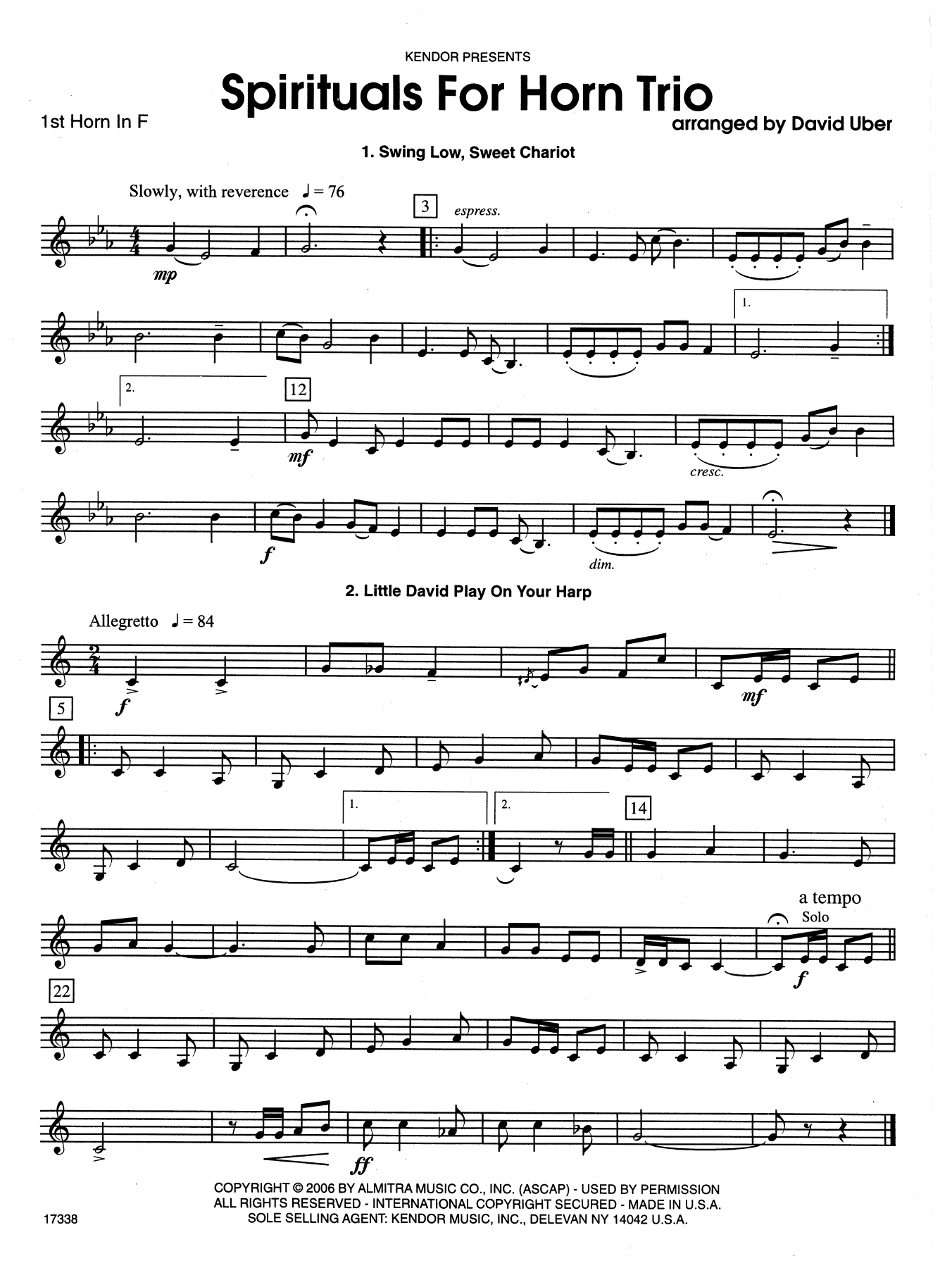 David Uber Spirituals For Horn Trio - 1st Horn in F sheet music notes and chords. Download Printable PDF.