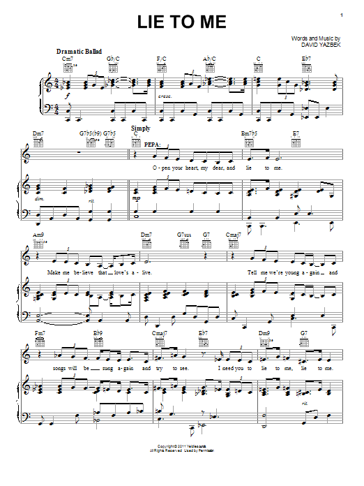 David Yazbek Lie To Me (from Women On The Verge Of A Nervous Breakdown) sheet music notes and chords arranged for Piano, Vocal & Guitar Chords (Right-Hand Melody)