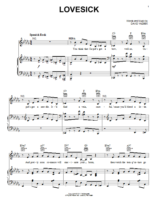 David Yazbek Lovesick (from Women On The Verge Of A Nervous Breakdown) sheet music notes and chords arranged for Piano, Vocal & Guitar Chords (Right-Hand Melody)