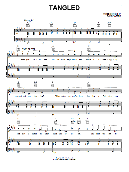 David Yazbek Tangled (from Women On The Verge Of A Nervous Breakdown) sheet music notes and chords arranged for Piano, Vocal & Guitar Chords (Right-Hand Melody)