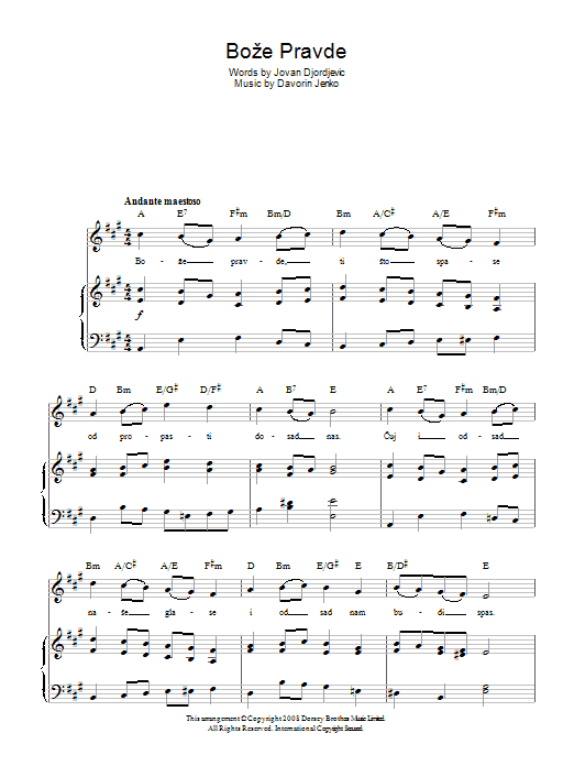 Davorin Jenko Boze Pravde (Serbian National Anthem) sheet music notes and chords arranged for Piano, Vocal & Guitar Chords