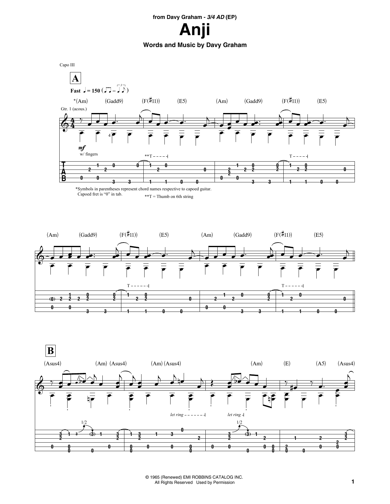 Davy Graham Anji sheet music notes and chords arranged for Solo Guitar