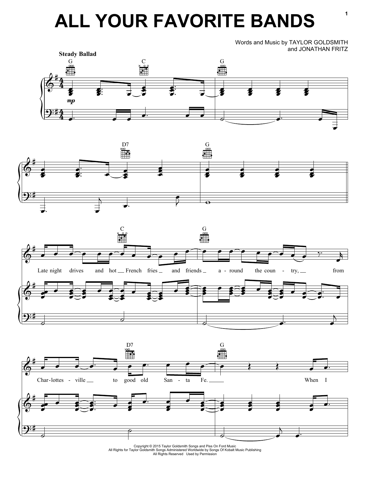 Dawes All Your Favorite Bands sheet music notes and chords arranged for Piano, Vocal & Guitar Chords (Right-Hand Melody)