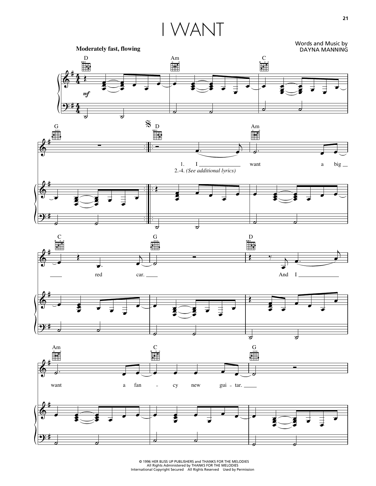 Dayna Manning I Want sheet music notes and chords arranged for Piano, Vocal & Guitar Chords (Right-Hand Melody)