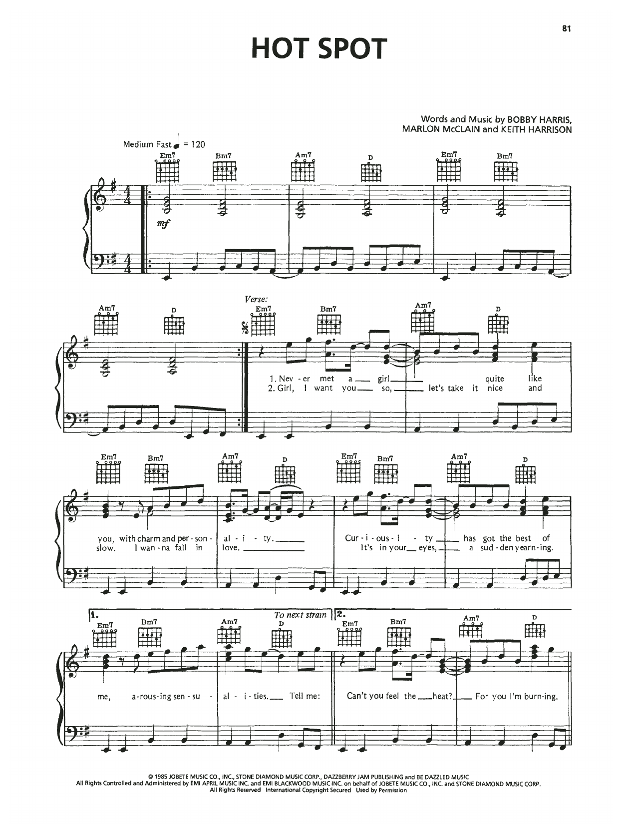 Dazz Band Hot Spot sheet music notes and chords arranged for Piano, Vocal & Guitar Chords (Right-Hand Melody)