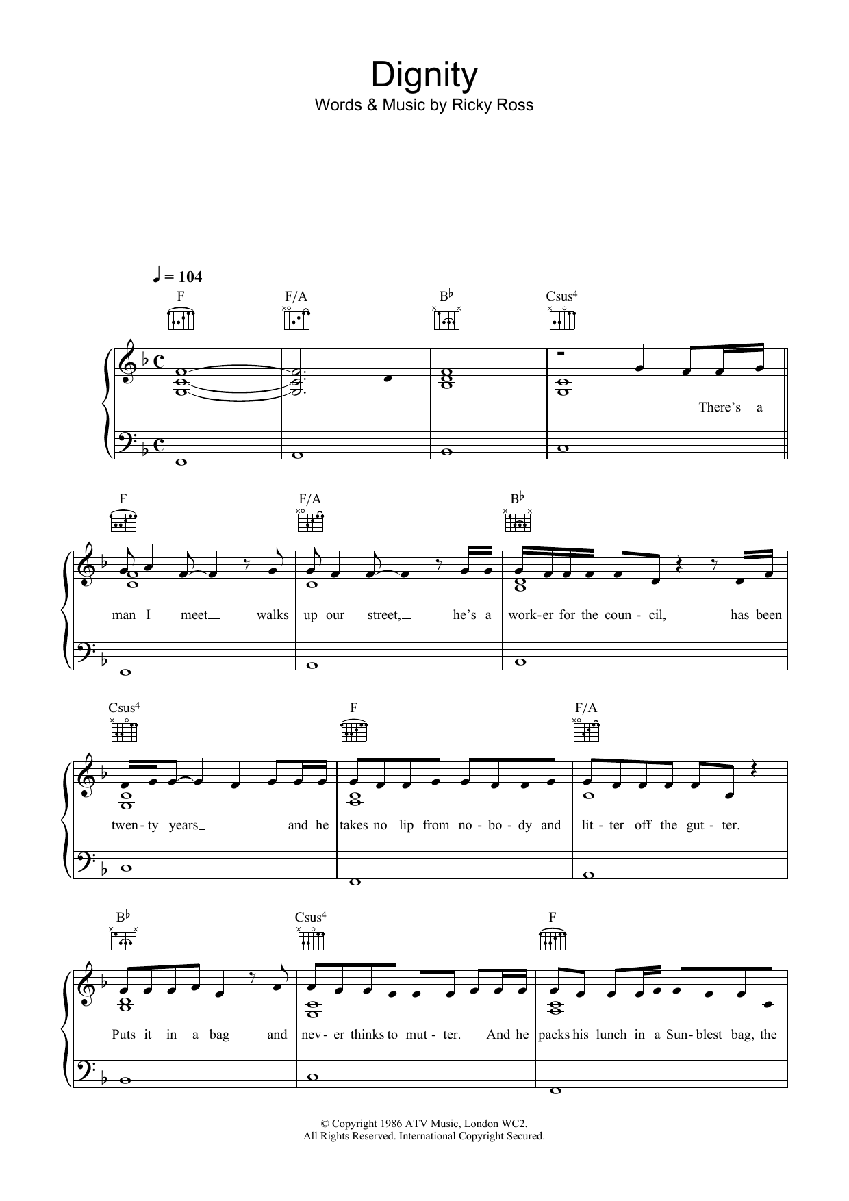 Deacon Blue Dignity sheet music notes and chords arranged for Piano, Vocal & Guitar Chords