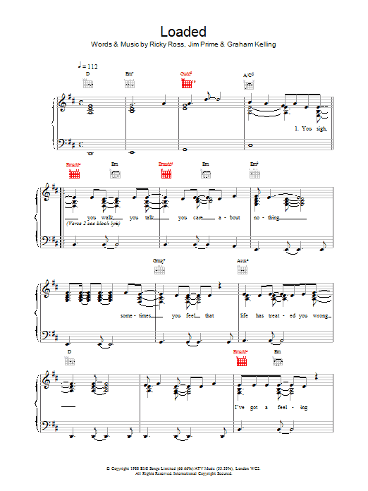 Deacon Blue Loaded sheet music notes and chords arranged for Piano, Vocal & Guitar Chords