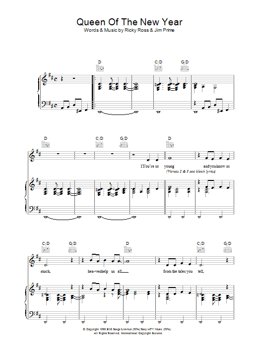 Deacon Blue Queen Of The New Year sheet music notes and chords arranged for Piano, Vocal & Guitar Chords