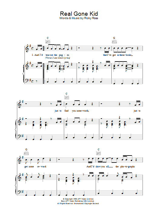 Deacon Blue Real Gone Kid sheet music notes and chords arranged for Piano, Vocal & Guitar Chords