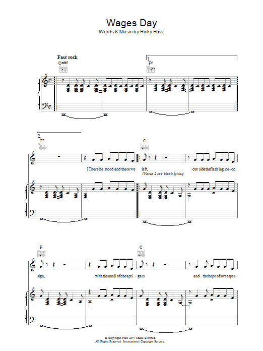 Deacon Blue Wages Day sheet music notes and chords arranged for Piano, Vocal & Guitar Chords