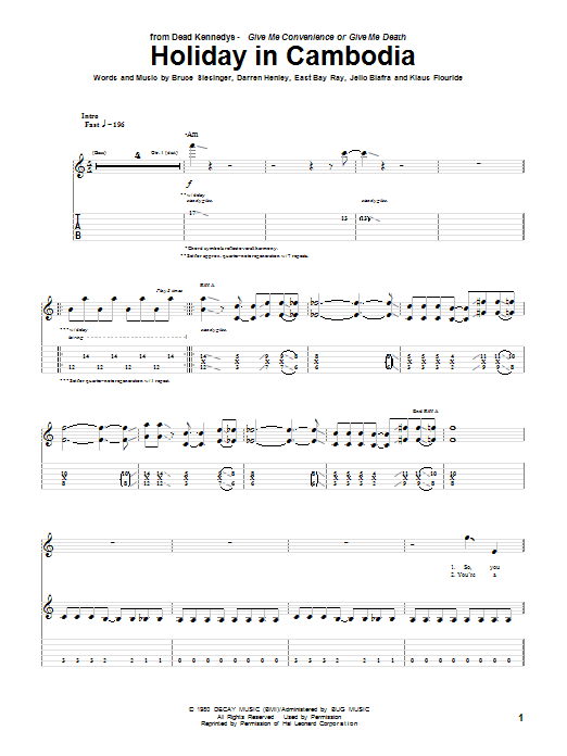 Dead Kennedys Holiday In Cambodia sheet music notes and chords arranged for Bass Guitar Tab