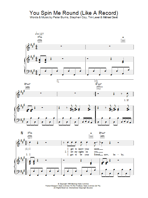 Dead Or Alive You Spin Me Round (Like A Record) sheet music notes and chords arranged for Piano, Vocal & Guitar Chords