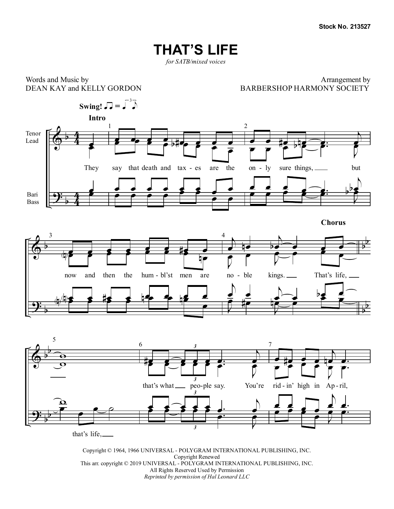 Dean Kay & Kelly Gordon That's Life (arr. Barbershop Harmony Society) sheet music notes and chords arranged for TTBB Choir