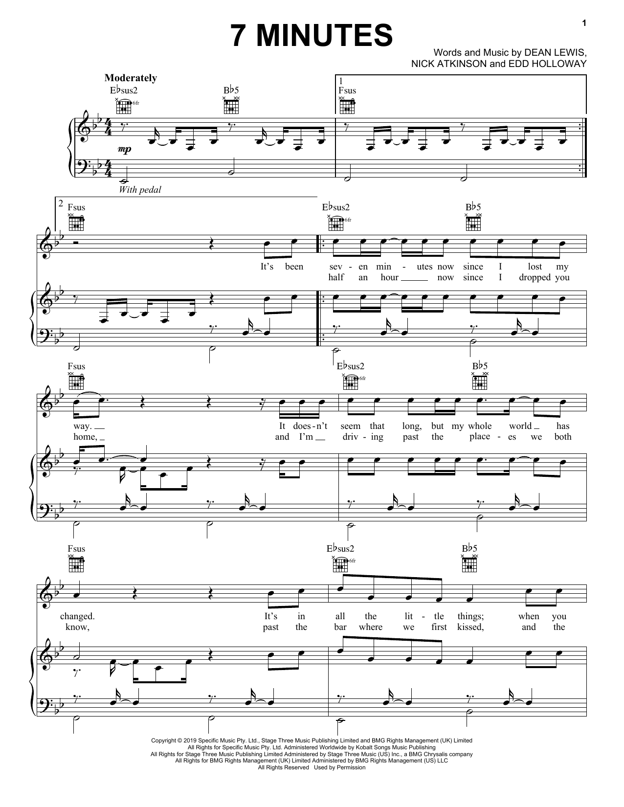 Dean Lewis 7 Minutes sheet music notes and chords arranged for Piano, Vocal & Guitar Chords (Right-Hand Melody)