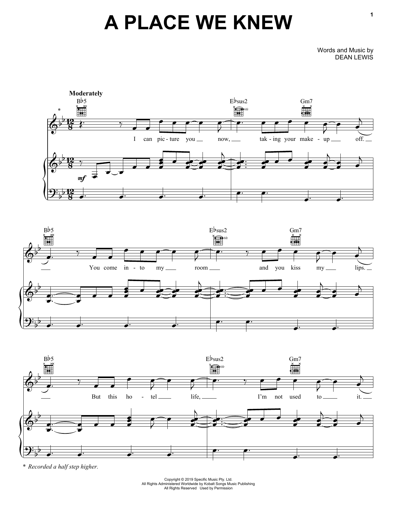 Dean Lewis A Place We Knew sheet music notes and chords arranged for Piano, Vocal & Guitar Chords (Right-Hand Melody)