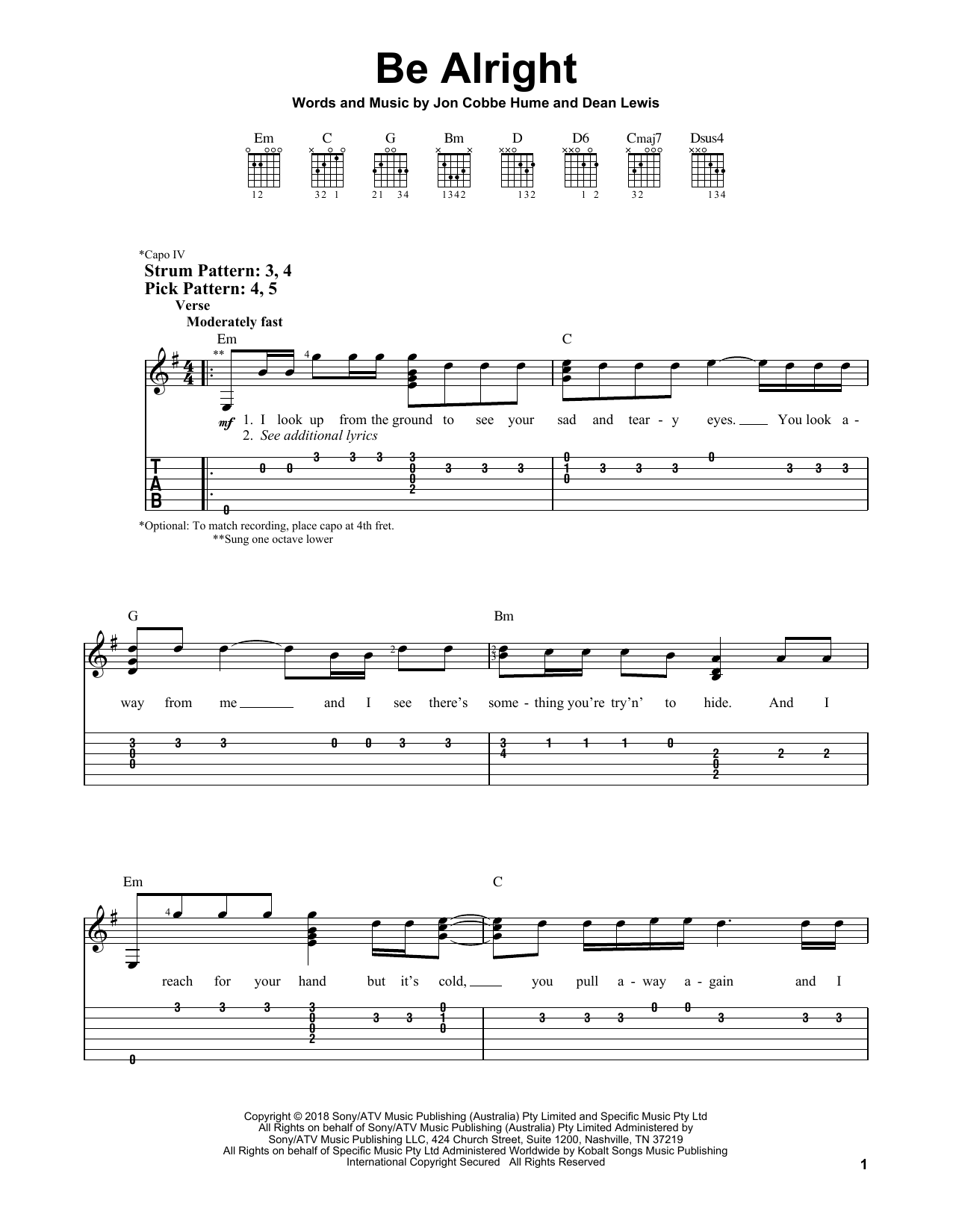 Dean Lewis Be Alright sheet music notes and chords arranged for Piano, Vocal & Guitar Chords (Right-Hand Melody)