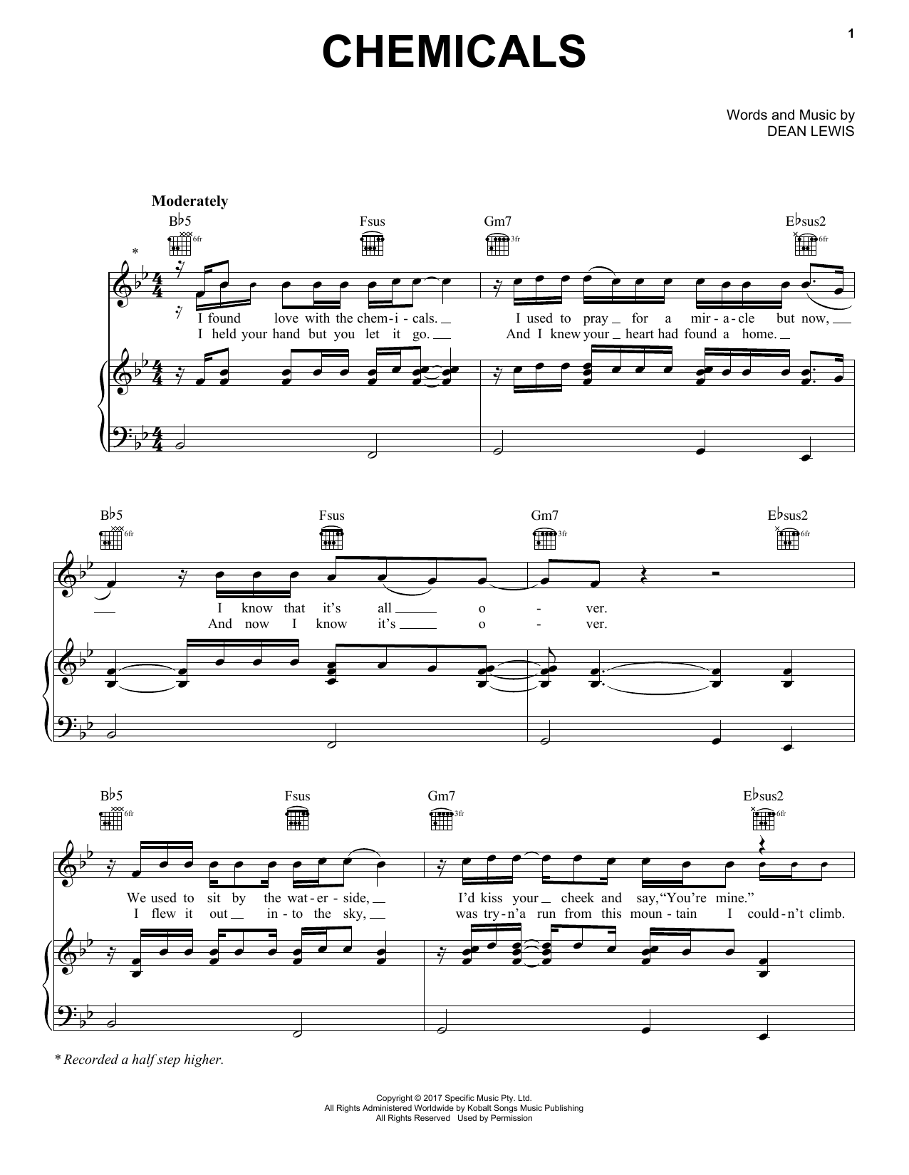 Dean Lewis Chemicals sheet music notes and chords arranged for Piano, Vocal & Guitar Chords (Right-Hand Melody)