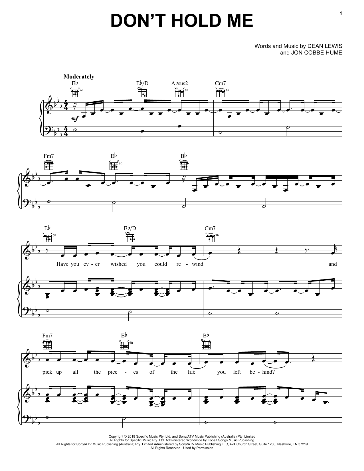 Dean Lewis Don't Hold Me sheet music notes and chords arranged for Piano, Vocal & Guitar Chords (Right-Hand Melody)