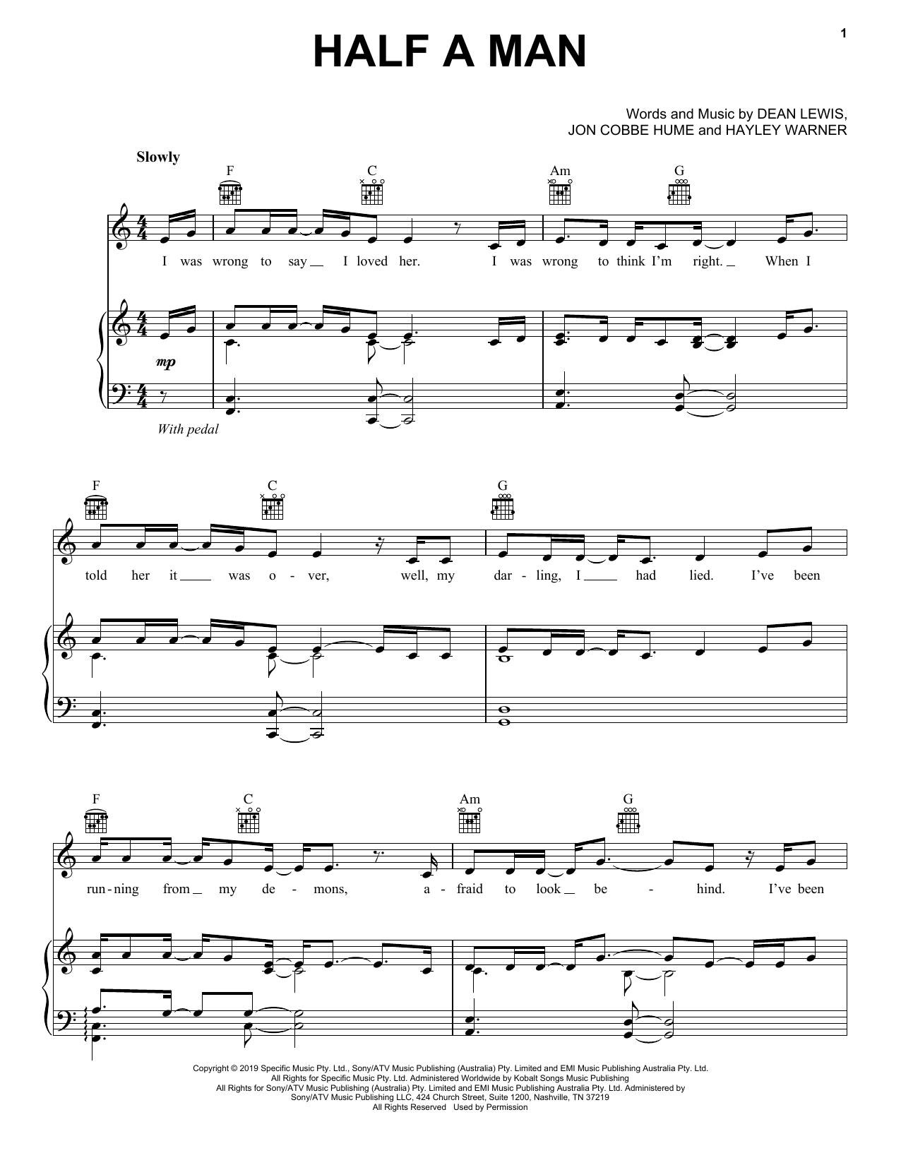 Dean Lewis Half A Man sheet music notes and chords arranged for Piano, Vocal & Guitar Chords (Right-Hand Melody)