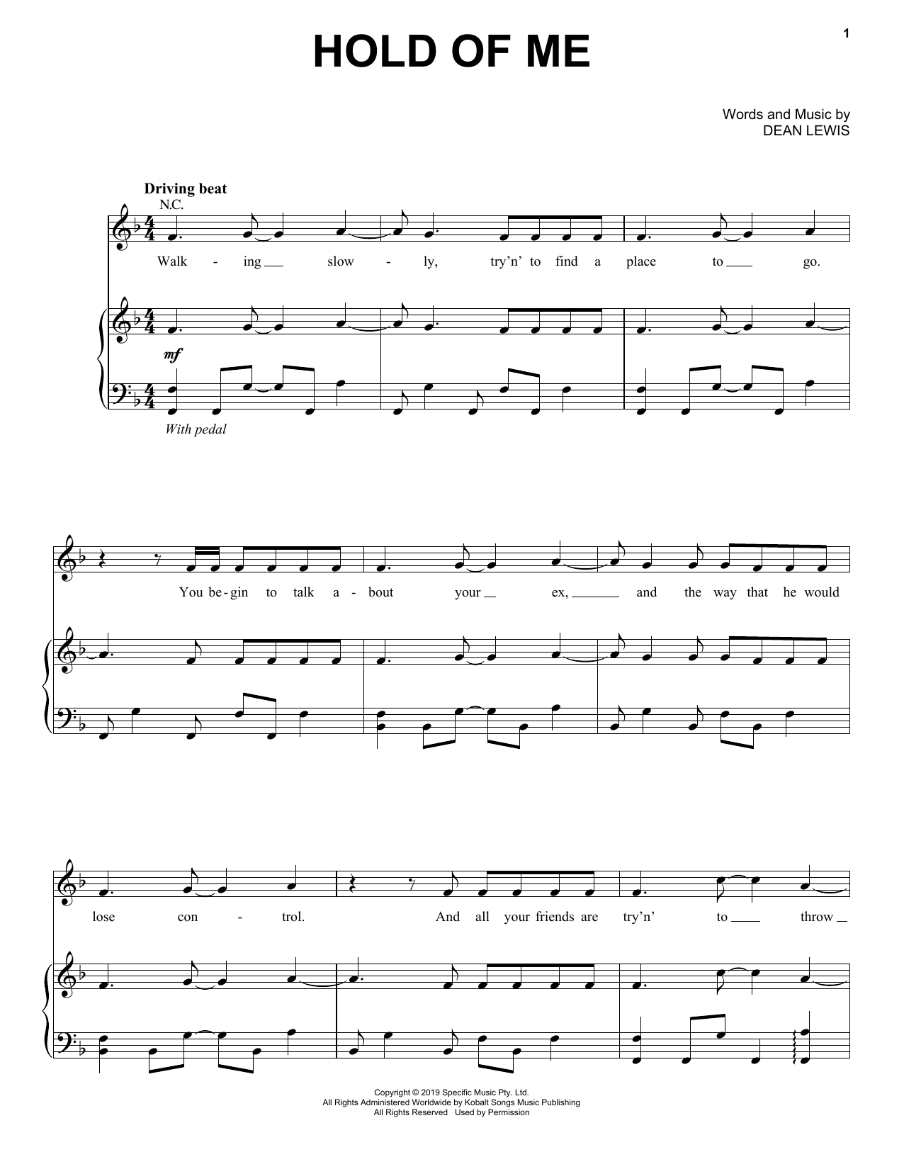Dean Lewis Hold Of Me sheet music notes and chords arranged for Piano, Vocal & Guitar Chords (Right-Hand Melody)
