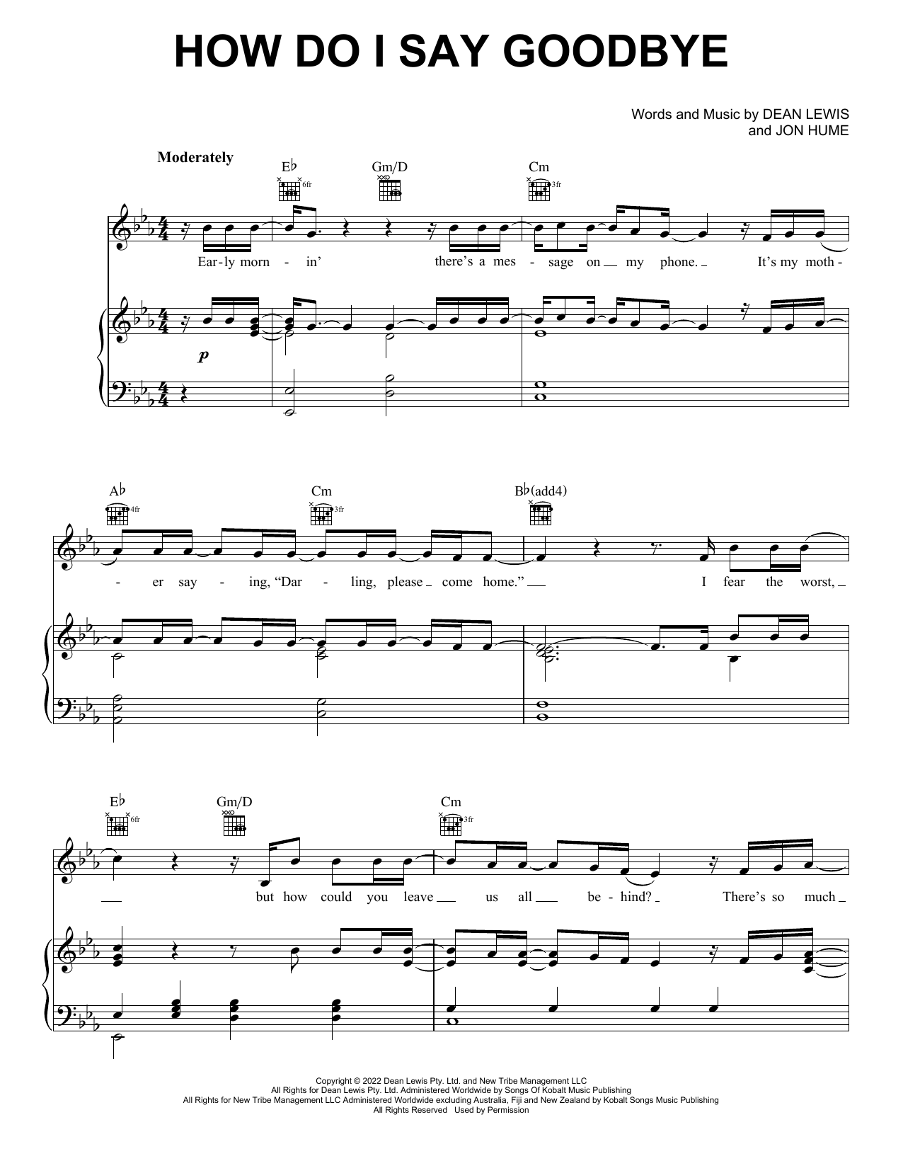 Dean Lewis How Do I Say Goodbye sheet music notes and chords arranged for Piano, Vocal & Guitar Chords (Right-Hand Melody)