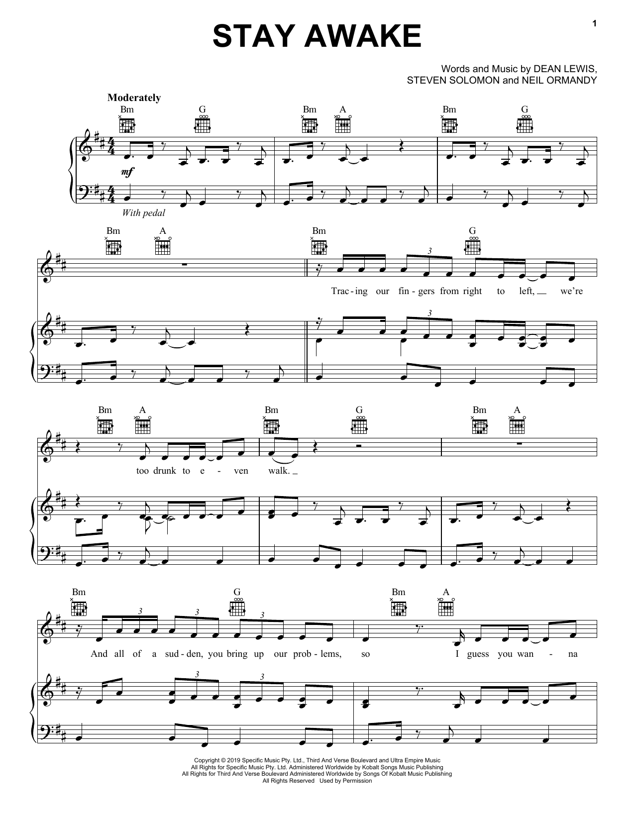 Dean Lewis Stay Awake sheet music notes and chords arranged for Piano, Vocal & Guitar Chords (Right-Hand Melody)