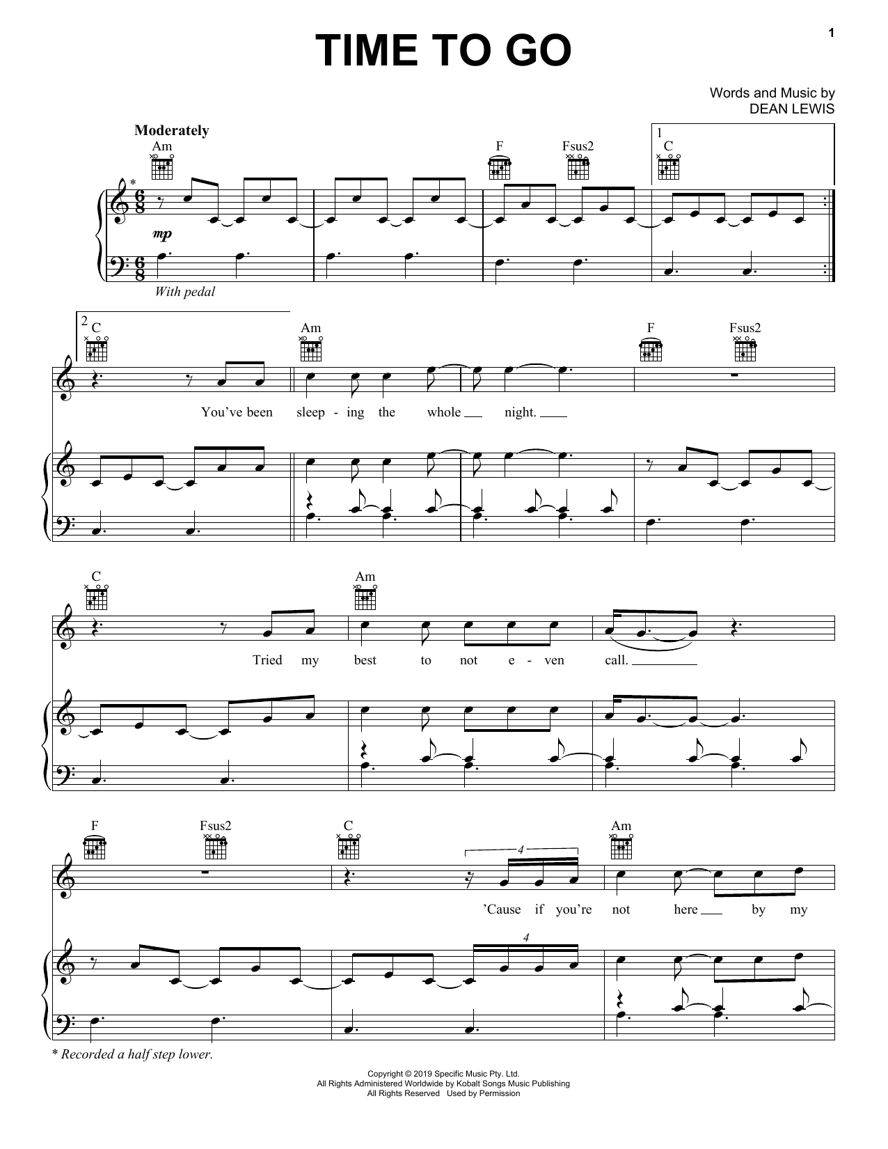 Dean Lewis Time To Go sheet music notes and chords arranged for Piano, Vocal & Guitar Chords (Right-Hand Melody)