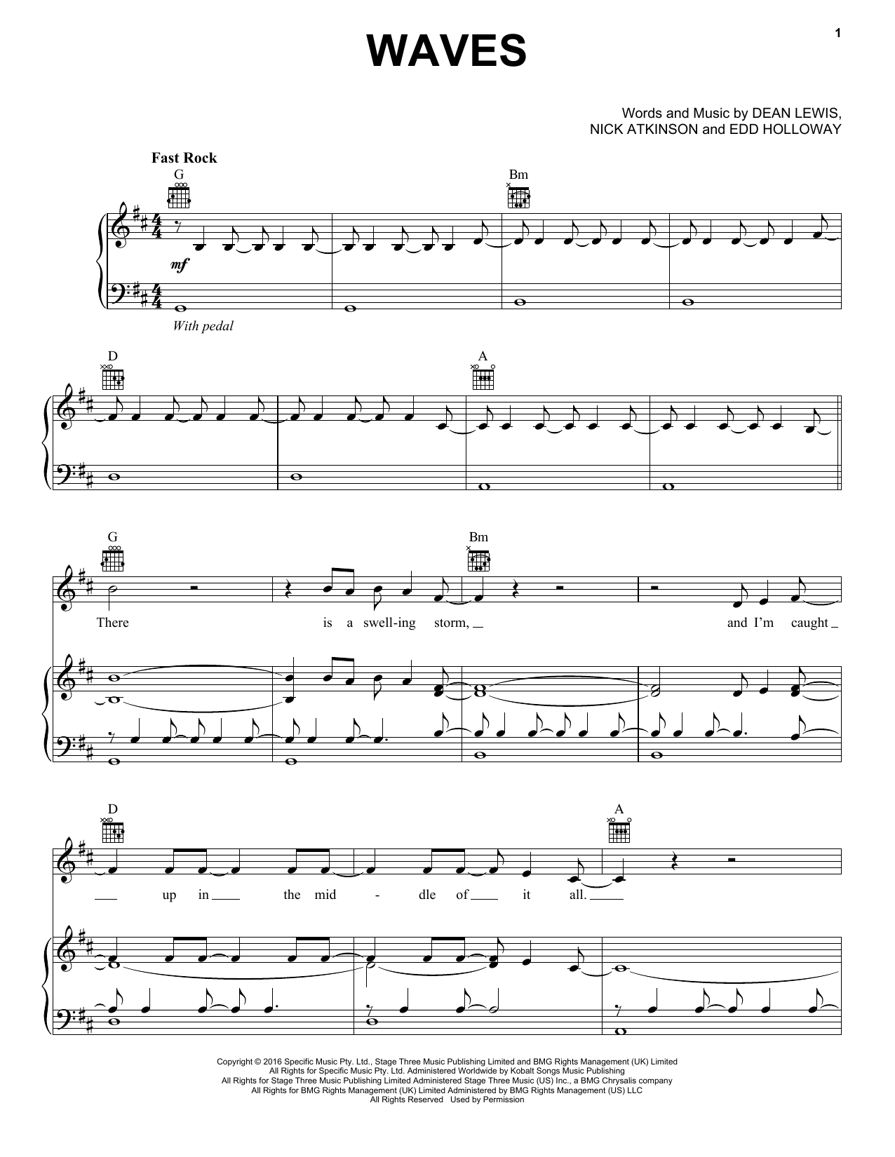 Dean Lewis Waves sheet music notes and chords arranged for Piano, Vocal & Guitar Chords (Right-Hand Melody)