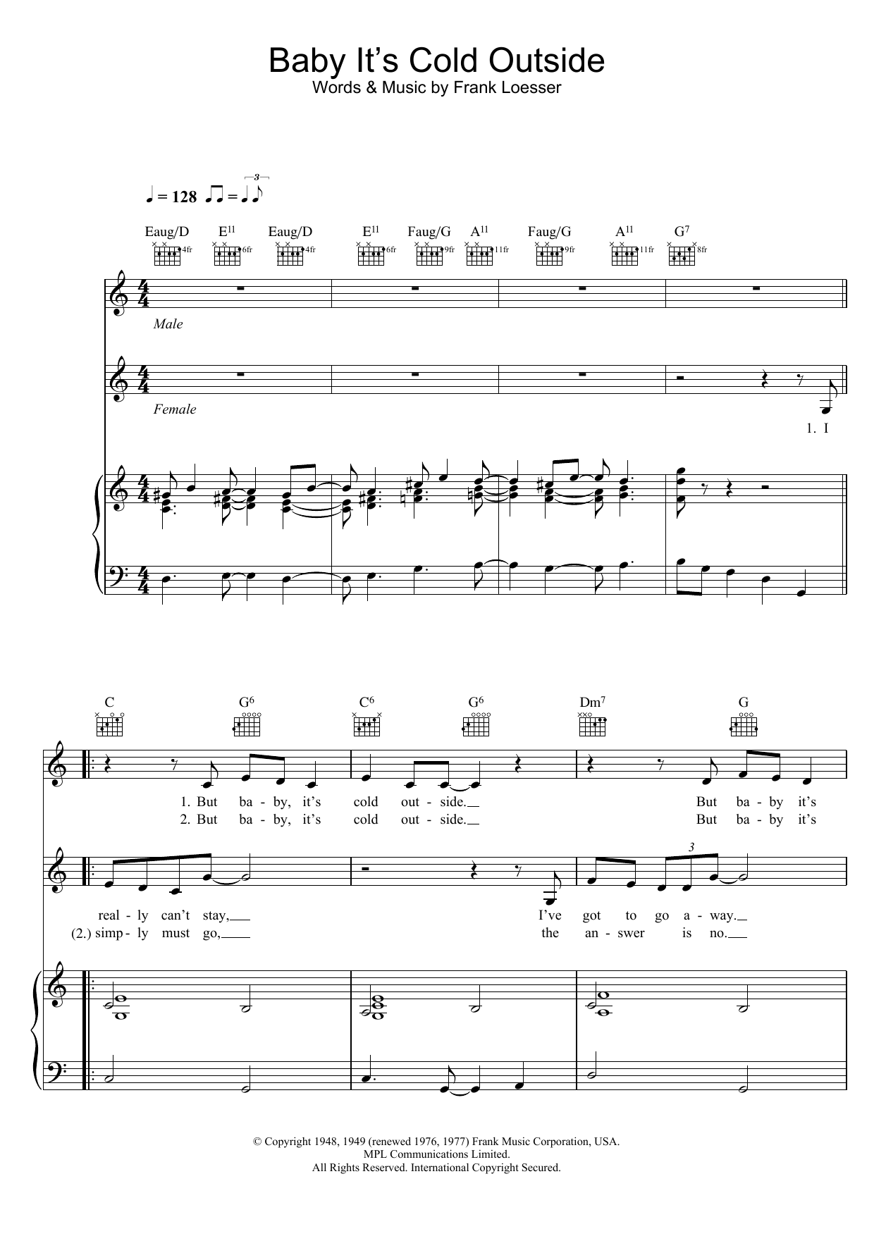 Dean Martin Baby, It's Cold Outside sheet music notes and chords arranged for Piano, Vocal & Guitar Chords