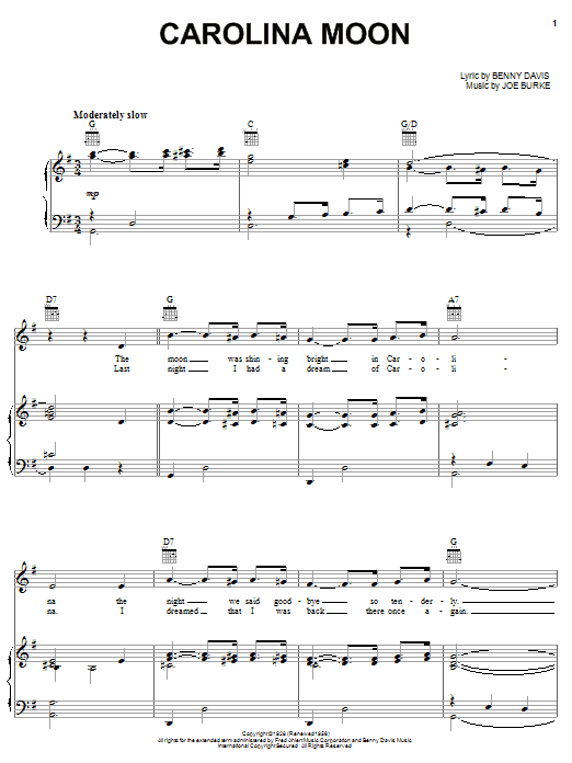 Dean Martin Carolina Moon sheet music notes and chords arranged for Piano, Vocal & Guitar Chords (Right-Hand Melody)